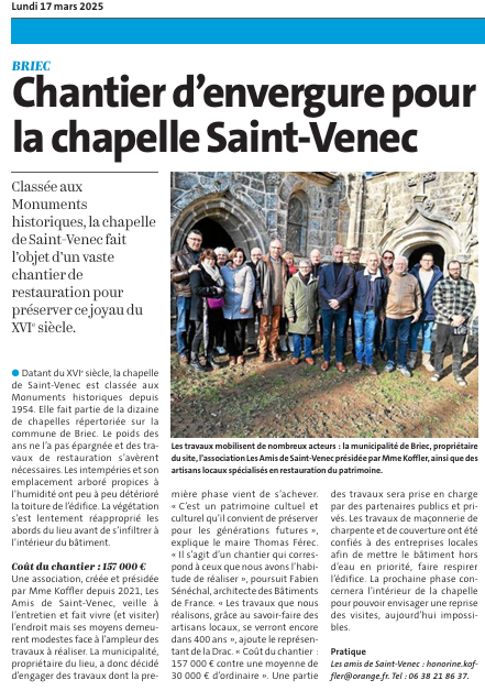 Chapelle St Venec : Fin de la restauration de ce monument historique